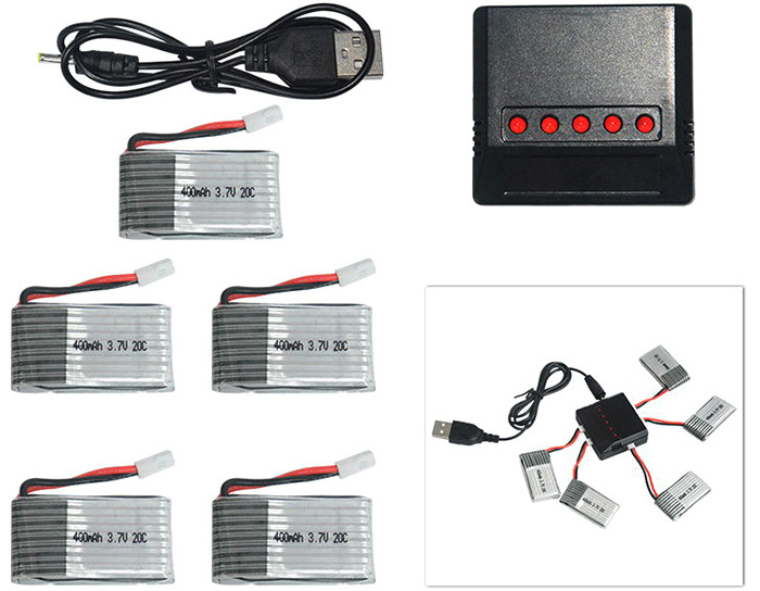 Pack 5 Batteries LiPo 3.7V 400mAh & Chargeur 5 en 1 pour Yifei XS-1 / Husban H107 / JXD 385 / DFD F180